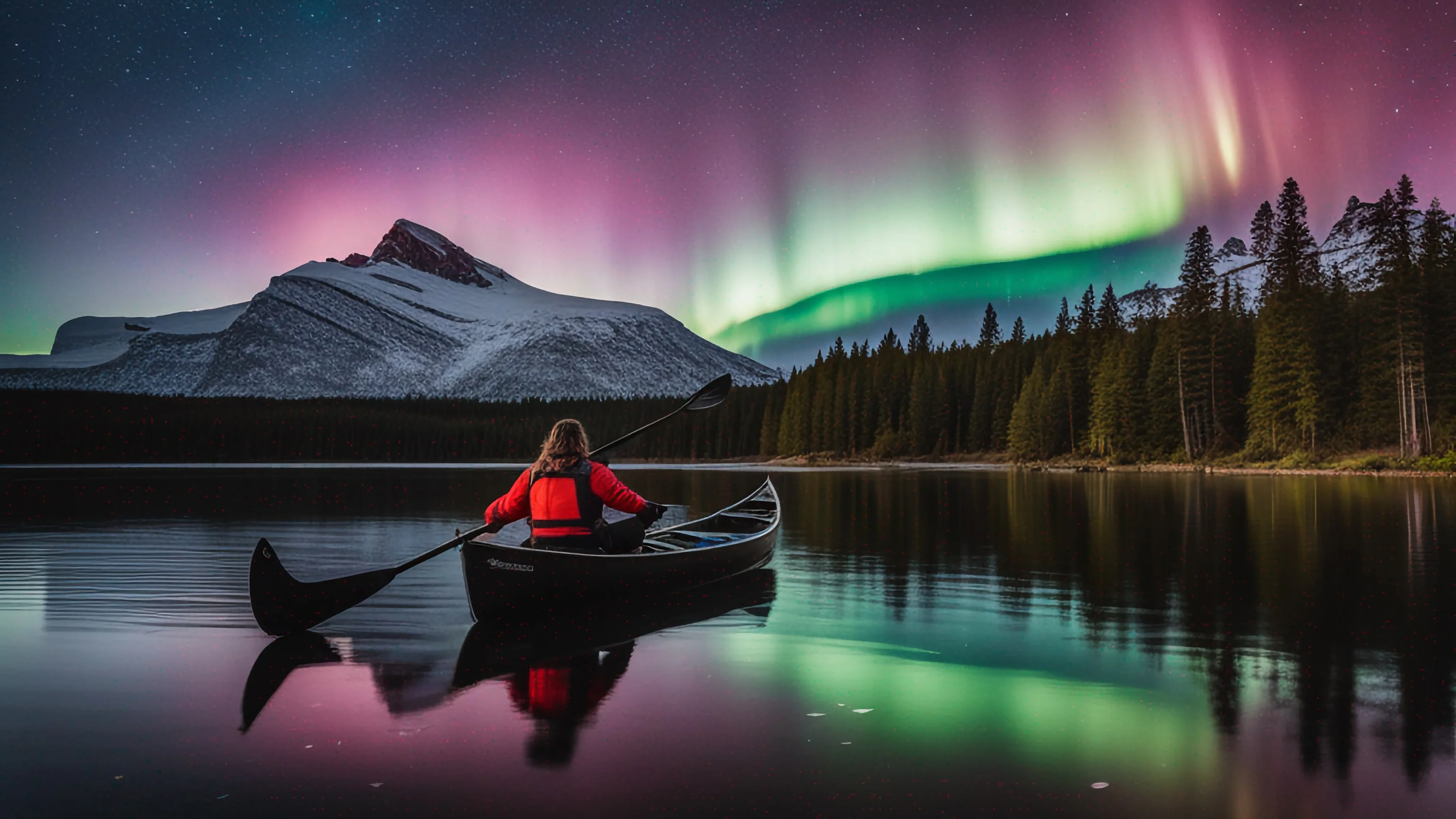 Paddler on a calm mountain lake under the aurora borealis in a Green Voyage canoe